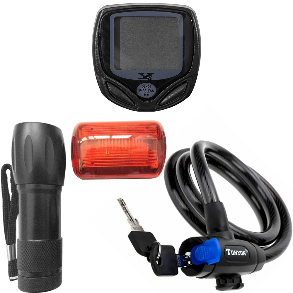 KIT BLACK 07 - CADEADO + VELOCÍMETRO + LANTERNA